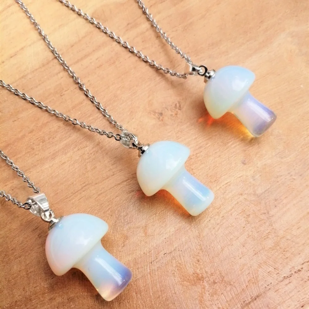 3/$22🩶 Tiny Mushroom Opalite Silver Necklace Cottage Boho Toadstool NEW